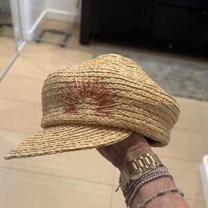 Bone by Dawn Straw Sun Visor Paperboy Hat with Embroidered Design